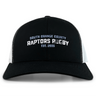 The South Orange County Raptors Retro Trucker Cap by EMB S&S Activewear features a black and white design with “South Orange County Raptors Rugby Est. 2005” embroidered in white on the front, and includes a classic snapback closure for an adjustable fit.