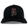 An Aging Alabama Rugby Players Retro Trucker Cap featuring an embroidered design of the state of Alabama containing a figure with a scythe and the text “HARD.”.