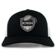 ICRON Retro Trucker Cap in black and white with an embroidered design featuring a shield, a football, and the text “ICRON.”