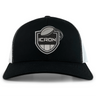 ICRON Retro Trucker Cap in black and white with an embroidered design featuring a shield, a football, and the text “ICRON.”