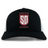Legion Academy Retro Trucker Cap in black and white featuring an embroidered red and white “Legion Academy SD” shield emblem on the front with a snapback closure.