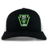 Rock Rugby Retro Trucker Cap in black and white with a green and black embroidered crest on the front reading “ROCK RUGBY LIONS.”