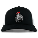 The Birmingham Iron Women's Football Retro Trucker Cap by EMB S&S Activewear features a black and white design with an embroidered team logo, adding classic appeal.