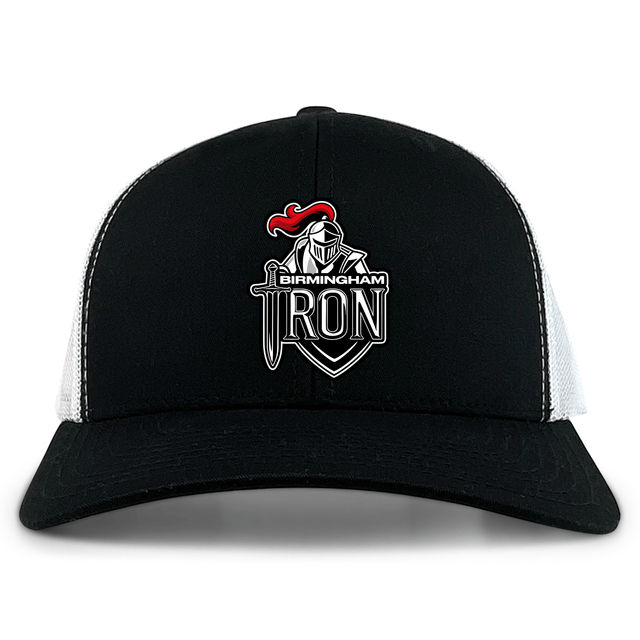 The Birmingham Iron Women's Football Retro Trucker Cap by EMB S&S Activewear features a black and white design with an embroidered team logo, adding classic appeal.
