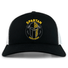 The Spartan Youth Rugby Retro Trucker Cap by EMB S&S Activewear features a black and white design, an embroidered Spartan helmet logo with "Spartan Youth Rugby" text, and a snapback closure for adjustable comfort.