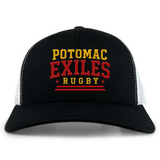 The Potomac Exiles Rugby Club Retro Trucker Cap by EMB S&S Activewear is a black and white retro trucker hat featuring "Potomac Exiles Rugby" embroidered on the front in yellow and red text, with a classic snapback closure for an adjustable fit.