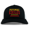 The Potomac Exiles Rugby Club Retro Trucker Cap by EMB S&S Activewear is a black and white retro trucker hat featuring "Potomac Exiles Rugby" embroidered on the front in yellow and red text, with a classic snapback closure for an adjustable fit.