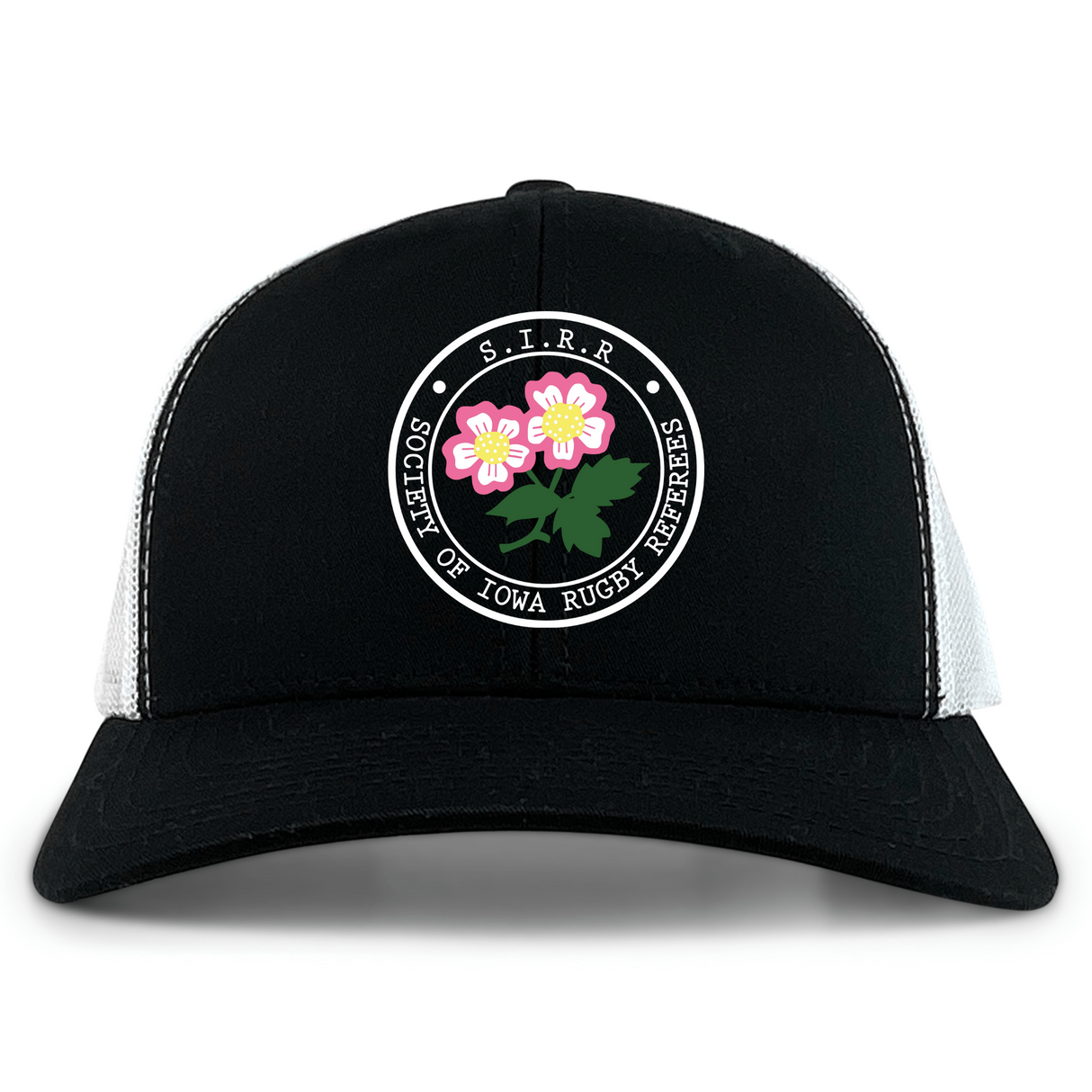 The Society of Iowa Rugby Referees Retro Trucker Cap by EMB S&S Activewear features a black and white design with a circular front logo adorned with pink flowers, embroidered on the front panel. The cap also includes an adjustable snapback closure for a comfortable fit.
