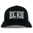 The Lewis County Elks Retro Trucker Cap by EMB S&S Activewear features a bold, embroidered “Lewis County Elks Rugby” design in large letters across the front. This black and white cap includes a snapback closure for easy adjustment and a comfortable fit.