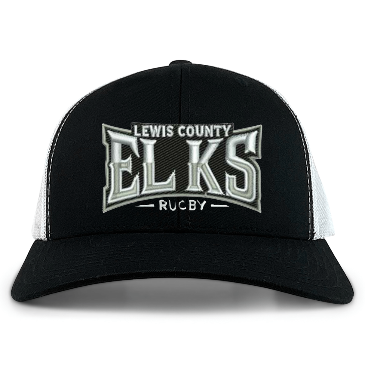 The Lewis County Elks Retro Trucker Cap by EMB S&S Activewear features a bold, embroidered “Lewis County Elks Rugby” design in large letters across the front. This black and white cap includes a snapback closure for easy adjustment and a comfortable fit.