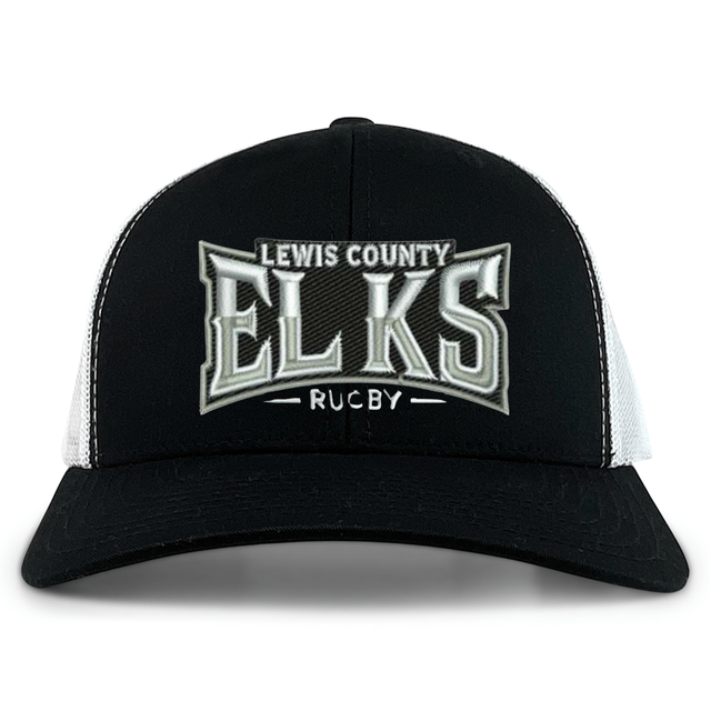 The Lewis County Elks Retro Trucker Cap by EMB S&S Activewear features a bold, embroidered “Lewis County Elks Rugby” design in large letters across the front. This black and white cap includes a snapback closure for easy adjustment and a comfortable fit.