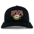 Introducing the RVA T.R.C. Retro Trucker Cap by EMB S&S Activewear: This black and white trucker hat showcases an embroidered red “RVA,” an oval rugby ball featuring “T.R.C.,” and “Richmond, VA” in yellow lettering below. Completed with a classic snapback closure for adjustable comfort.