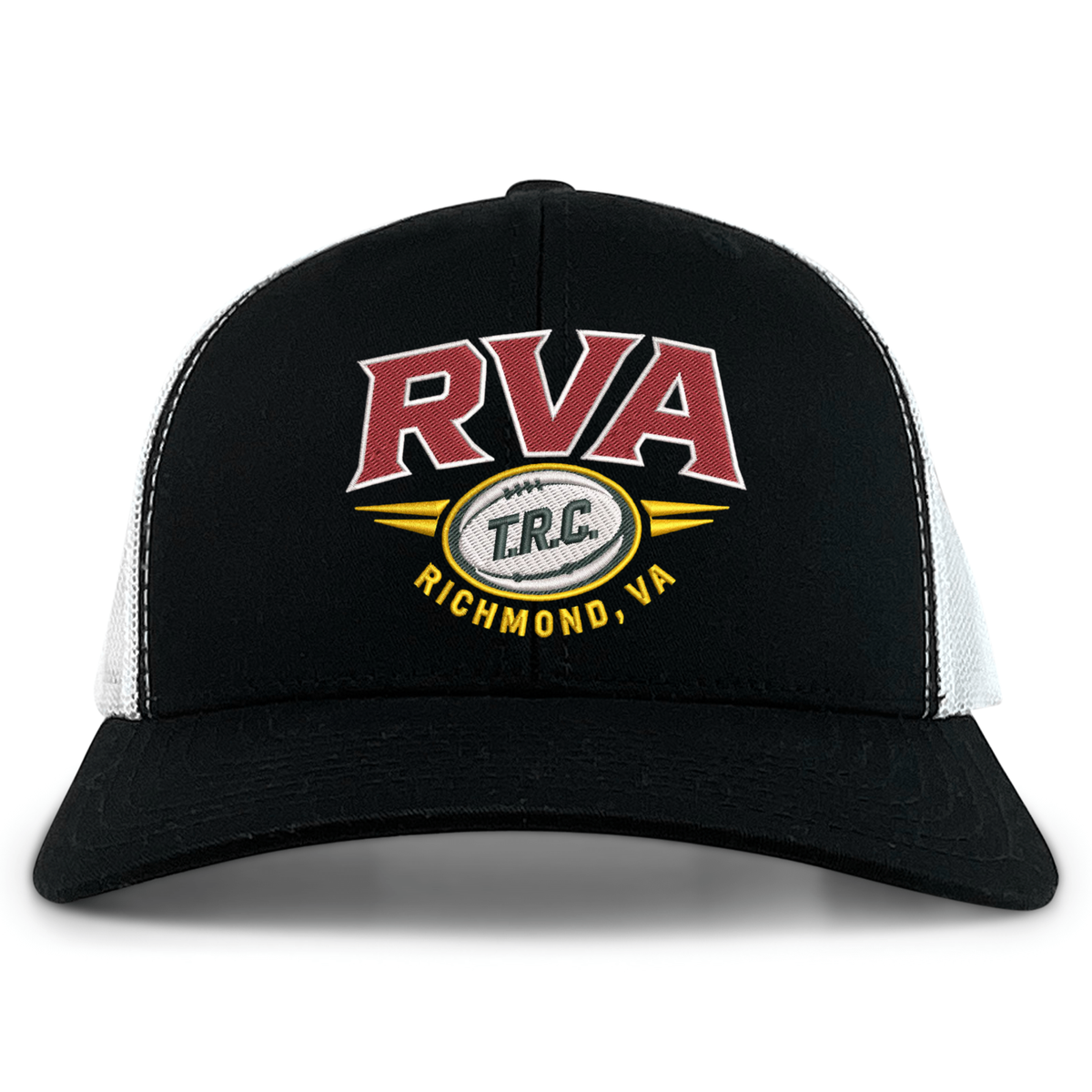 Introducing the RVA T.R.C. Retro Trucker Cap by EMB S&S Activewear: This black and white trucker hat showcases an embroidered red “RVA,” an oval rugby ball featuring “T.R.C.,” and “Richmond, VA” in yellow lettering below. Completed with a classic snapback closure for adjustable comfort.