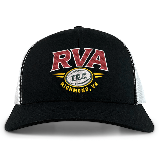 Introducing the RVA T.R.C. Retro Trucker Cap by EMB S&S Activewear: This black and white trucker hat showcases an embroidered red “RVA,” an oval rugby ball featuring “T.R.C.,” and “Richmond, VA” in yellow lettering below. Completed with a classic snapback closure for adjustable comfort.