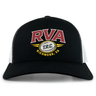 Introducing the RVA T.R.C. Retro Trucker Cap by EMB S&S Activewear: This black and white trucker hat showcases an embroidered red “RVA,” an oval rugby ball featuring “T.R.C.,” and “Richmond, VA” in yellow lettering below. Completed with a classic snapback closure for adjustable comfort.