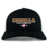 Introducing the Godzilla Rugby Football Club Retro Trucker Cap by EMB S&S Activewear—a black and white hat featuring “GODZILLA RUGBY FOOTBALL CLUB” embroidered on the front, a bold pink flower, “1993,” and a classic adjustable snapback closure for an ideal fit.