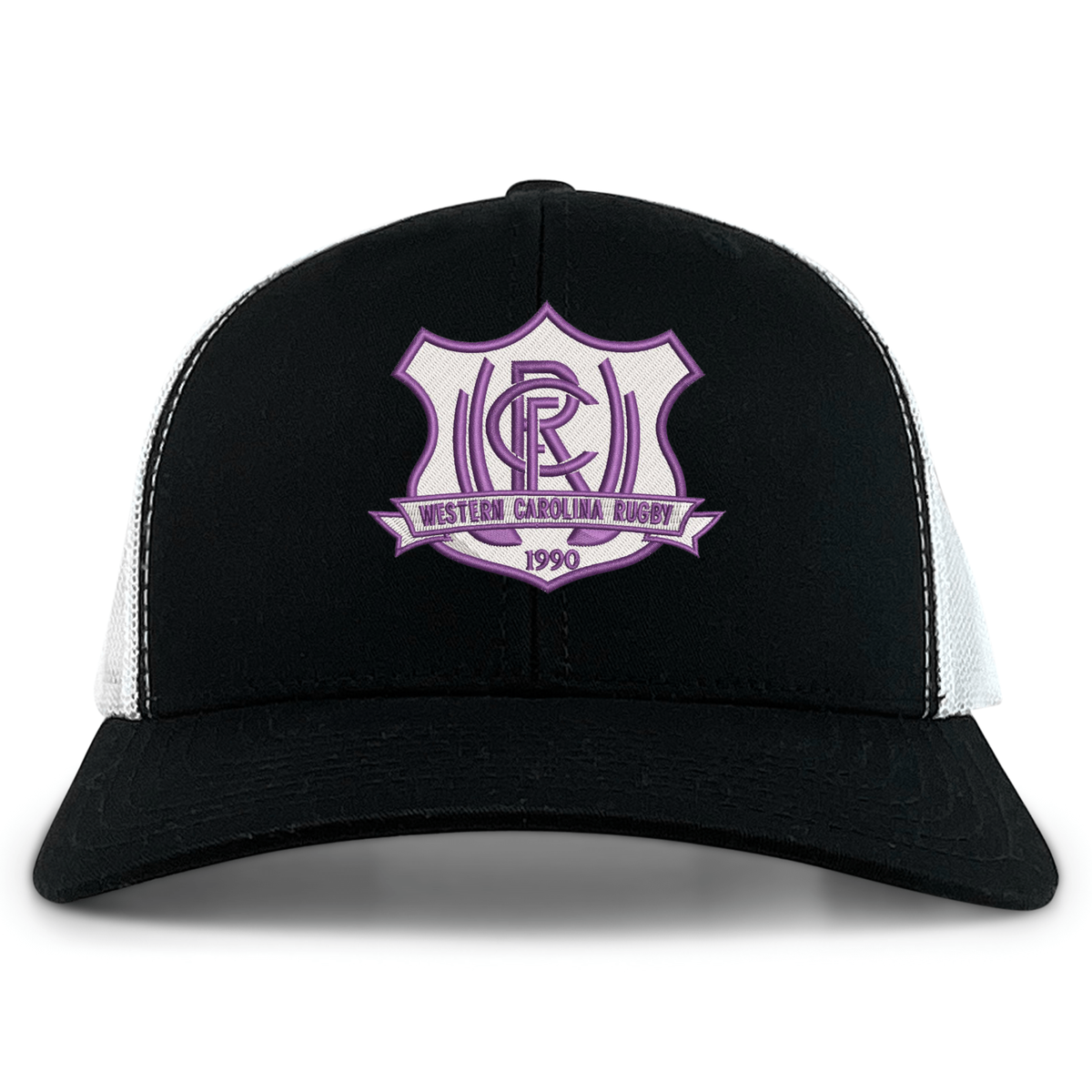Western Carolina University Retro Trucker Cap in black and white, featuring an embroidered purple and white Western Carolina Rugby emblem on the front and a snapback closure.