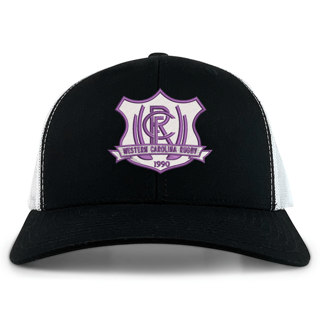 Western Carolina University Retro Trucker Cap in black and white, featuring an embroidered purple and white Western Carolina Rugby emblem on the front and a snapback closure.