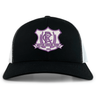 Western Carolina University Retro Trucker Cap in black and white, featuring an embroidered purple and white Western Carolina Rugby emblem on the front and a snapback closure.