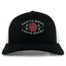 The EMB S&S Activewear Santa Rosa Youth Rugby Retro Trucker Cap is a black and white trucker cap with a red rose and green leaves, featuring “Santa Rosa Youth Rugby” embroidered on the front.