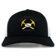 Mother Lode Retro Trucker Cap in black and white, featuring an embroidered logo of two crossed yellow pickaxes behind a rugby ball with “Mother Lode” above and “Rugby” below.
