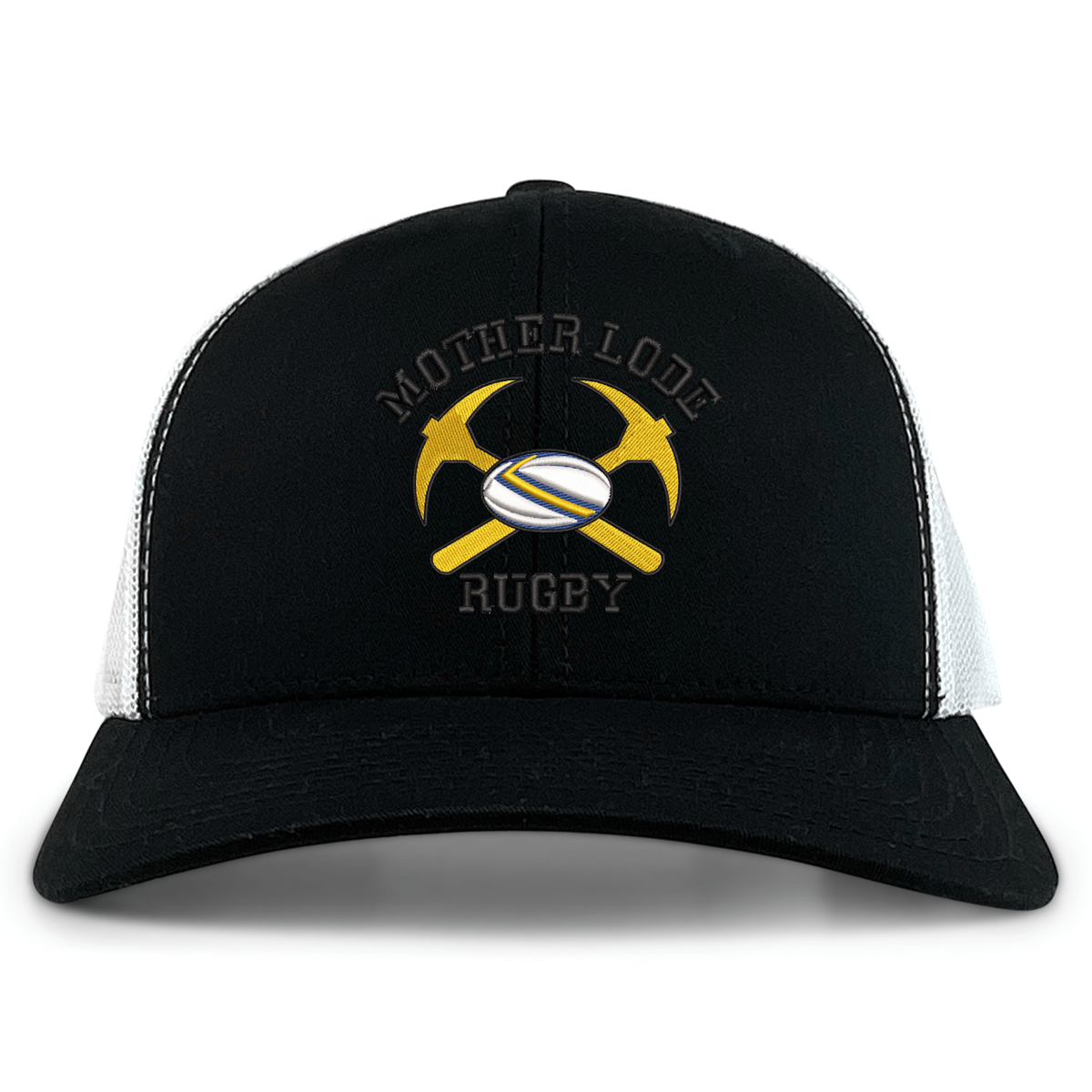 Mother Lode Retro Trucker Cap in black and white, featuring an embroidered logo of two crossed yellow pickaxes behind a rugby ball with “Mother Lode” above and “Rugby” below.