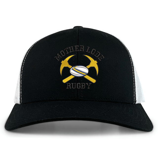 Mother Lode Retro Trucker Cap in black and white, featuring an embroidered logo of two crossed yellow pickaxes behind a rugby ball with “Mother Lode” above and “Rugby” below.