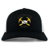 Mother Lode Retro Trucker Cap in black and white, featuring an embroidered logo of two crossed yellow pickaxes behind a rugby ball with “Mother Lode” above and “Rugby” below.