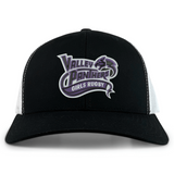 The Valley Panthers Girls Rugby Retro Trucker Cap by EMB S&S Activewear features a black and white design with an embroidered “Valley Panthers Girls Rugby” logo in purple and white on the front. It is finished with a classic snapback closure for adjustable fit.