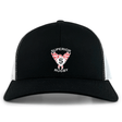 The Superior Rugby Club Retro Trucker Cap by EMB S&S Activewear features black and white colors, an embroidered "Superior Rugby" logo with wings and a bold "S," plus a classic snapback closure.