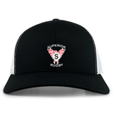 The Superior Rugby Club Retro Trucker Cap by EMB S&S Activewear features black and white colors, an embroidered "Superior Rugby" logo with wings and a bold "S," plus a classic snapback closure.