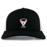 The Superior Rugby Club Retro Trucker Cap by EMB S&S Activewear features black and white colors, an embroidered "Superior Rugby" logo with wings and a bold "S," plus a classic snapback closure.