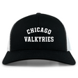 The Chicago Valkyries Retro Trucker Cap by EMB S&S Activewear is a black and white hat featuring "CHICAGO VALKYRIES" printed in bold white letters on the front, and includes a comfortable snapback closure for an adjustable fit.