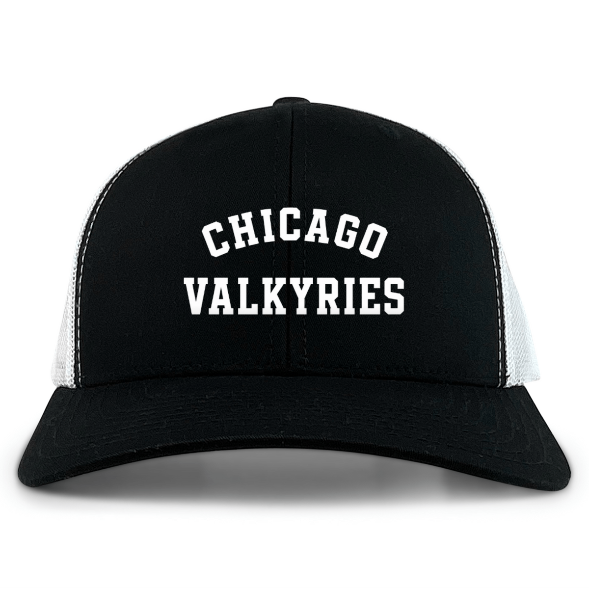 The Chicago Valkyries Retro Trucker Cap by EMB S&S Activewear is a black and white hat featuring "CHICAGO VALKYRIES" printed in bold white letters on the front, and includes a comfortable snapback closure for an adjustable fit.