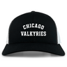The Chicago Valkyries Retro Trucker Cap by EMB S&S Activewear is a black and white hat featuring "CHICAGO VALKYRIES" printed in bold white letters on the front, and includes a comfortable snapback closure for an adjustable fit.