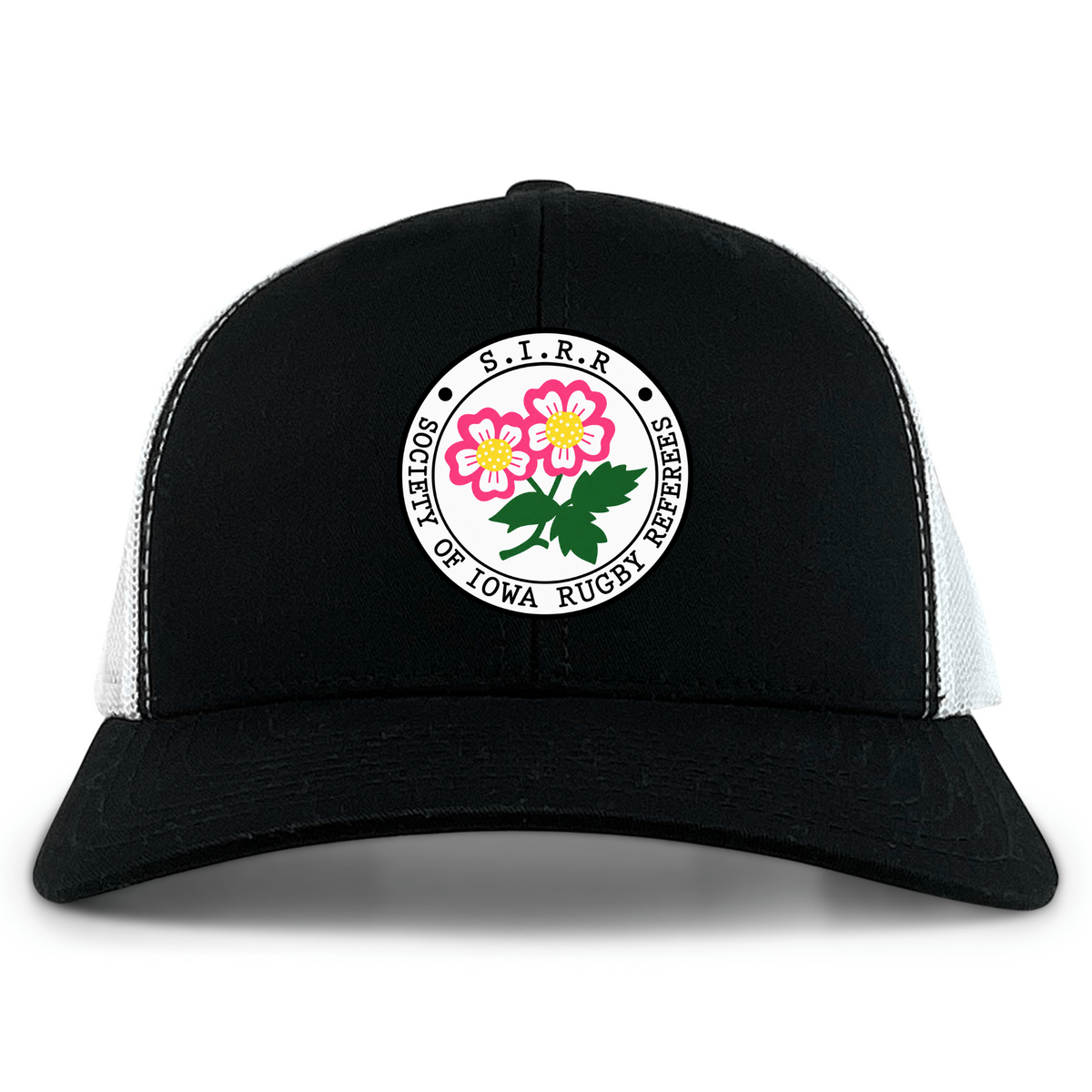 The Society of Iowa Rugby Referees Retro Trucker Cap by EMB S&S Activewear features a black and white design with a circular patch that reads “Society of Iowa Rugby Referees” and showcases a floral graphic in the center. This classic cap is finished with embroidered detailing and an adjustable snapback closure for a comfortable fit.