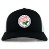 The Society of Iowa Rugby Referees Retro Trucker Cap by EMB S&S Activewear features a black and white design with a circular patch that reads “Society of Iowa Rugby Referees” and showcases a floral graphic in the center. This classic cap is finished with embroidered detailing and an adjustable snapback closure for a comfortable fit.