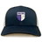 The OMBAC Rugby Retro Trucker Cap by EMB S&S Activewear features a navy and white design with a shield logo, vertical stripes, animal outline, and embroidered front panel.