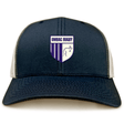 The OMBAC Rugby Retro Trucker Cap by EMB S&S Activewear features a navy and white design with a shield logo, vertical stripes, animal outline, and embroidered front panel.