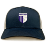 The OMBAC Rugby Retro Trucker Cap by EMB S&S Activewear features a navy and white design with a shield logo, vertical stripes, animal outline, and embroidered front panel.