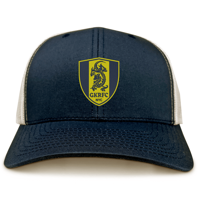 The Gotham Knights Retro Trucker Cap by EMB S&S Activewear is a navy and white hat with a yellow shield logo, embroidered dragon, "GKRFC NYC" text on the front, and a classic snapback closure.