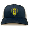 The Gotham Knights Retro Trucker Cap by EMB S&S Activewear is a navy and white hat with a yellow shield logo, embroidered dragon, "GKRFC NYC" text on the front, and a classic snapback closure.