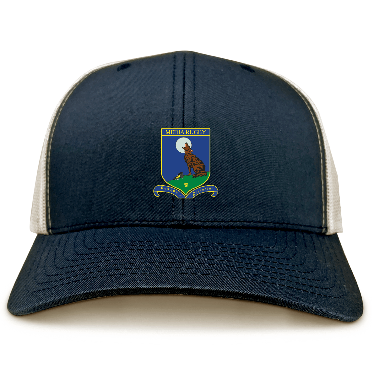 The Media Rugby Retro Trucker Cap by EMB S&S Activewear is a navy and white trucker hat with an embroidered crest showcasing a bear, rugby ball, and "Honour. Dignity. Respect." phrase, plus an adjustable snapback closure for fit.