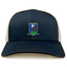 The Media Rugby Retro Trucker Cap by EMB S&S Activewear is a navy and white trucker hat with an embroidered crest showcasing a bear, rugby ball, and "Honour. Dignity. Respect." phrase, plus an adjustable snapback closure for fit.