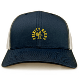 The Trinity College Retro Trucker Cap by EMB S&S Activewear features a navy and white design, "Trinity Rugby" text and yellow rooster embroidery on the front, plus an adjustable snapback closure.