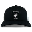 The Northeastern University Men's Rugby Retro Trucker Cap by EMB S&S Activewear is a black and white cap with an embroidered husky logo, "Northeastern Men's Rugby" text on the front, and a snapback closure for an adjustable fit.