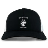 The Northeastern University Men's Rugby Retro Trucker Cap by EMB S&S Activewear is a black and white cap with an embroidered husky logo, "Northeastern Men's Rugby" text on the front, and a snapback closure for an adjustable fit.