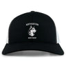 The Northeastern University Men's Rugby Retro Trucker Cap by EMB S&S Activewear is a black and white cap with an embroidered husky logo, "Northeastern Men's Rugby" text on the front, and a snapback closure for an adjustable fit.
