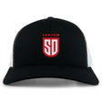 The San Diego Legion Rugby Academy Retro Trucker Cap by EMB S&S Activewear is a black and white trucker hat with a red and white "LEGION SD" embroidered front and an adjustable snapback closure.