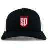 The San Diego Legion Rugby Academy Retro Trucker Cap by EMB S&S Activewear is a black and white trucker hat with a red and white "LEGION SD" embroidered front and an adjustable snapback closure.